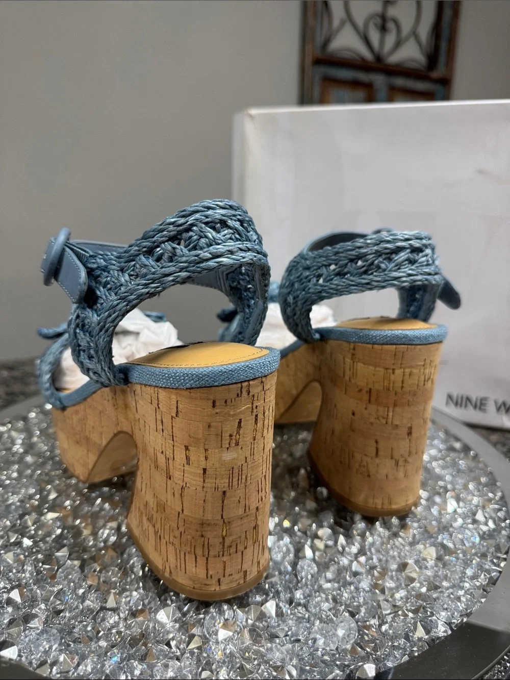 Nine West Comiele Light Blue Braided Cork Platform Sandals NEW 8.5